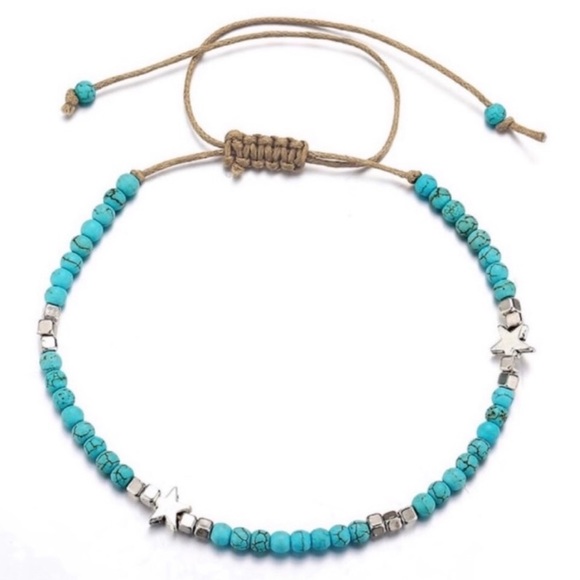 🎁 5/$35 || Turq/Silver Beaded Anklet W/Star Acnts - Picture 3 of 7